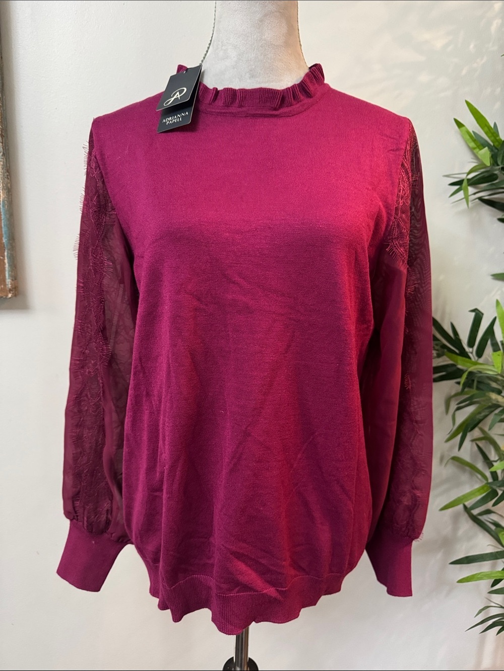 Adrianna Papell burgundy Ruffle-Neck Sweater with nylon Lace Sleeves NWT L
